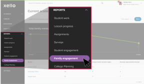 Reports menu open with Family engagement selected